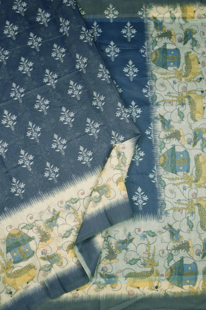 Grey Semi Chanderi Cotton Golden Deer Print Saree