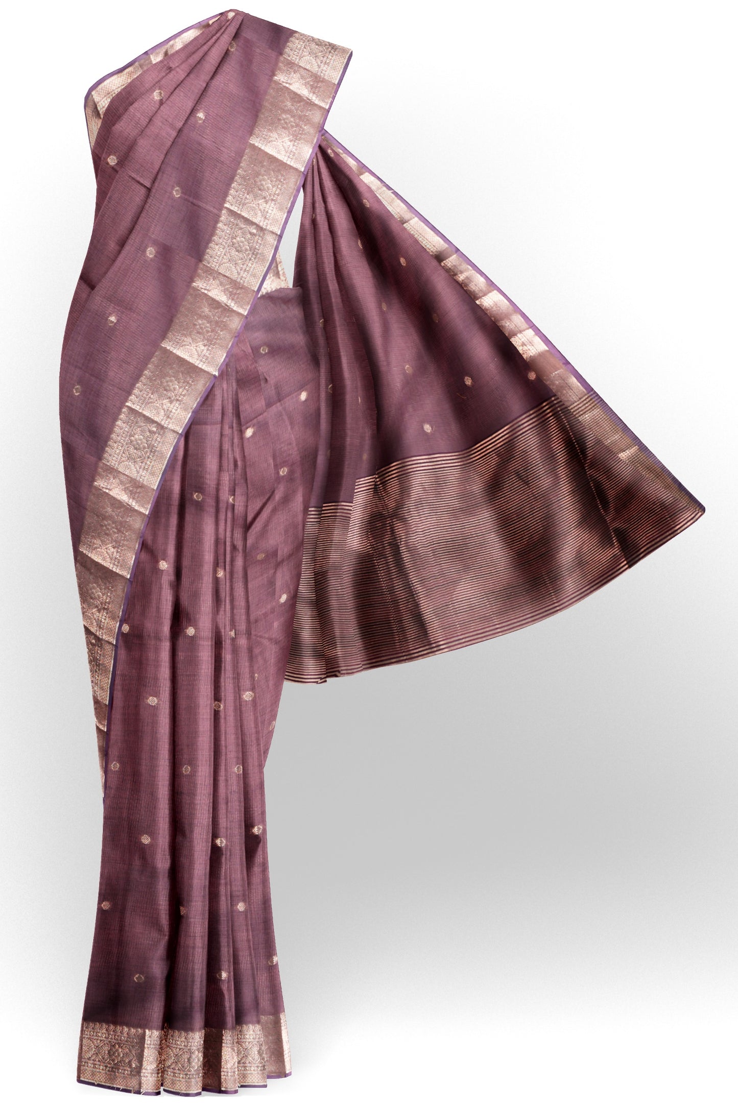 Dark Mauve Soft Bengal Cotton Mini Butta Zari Border Saree