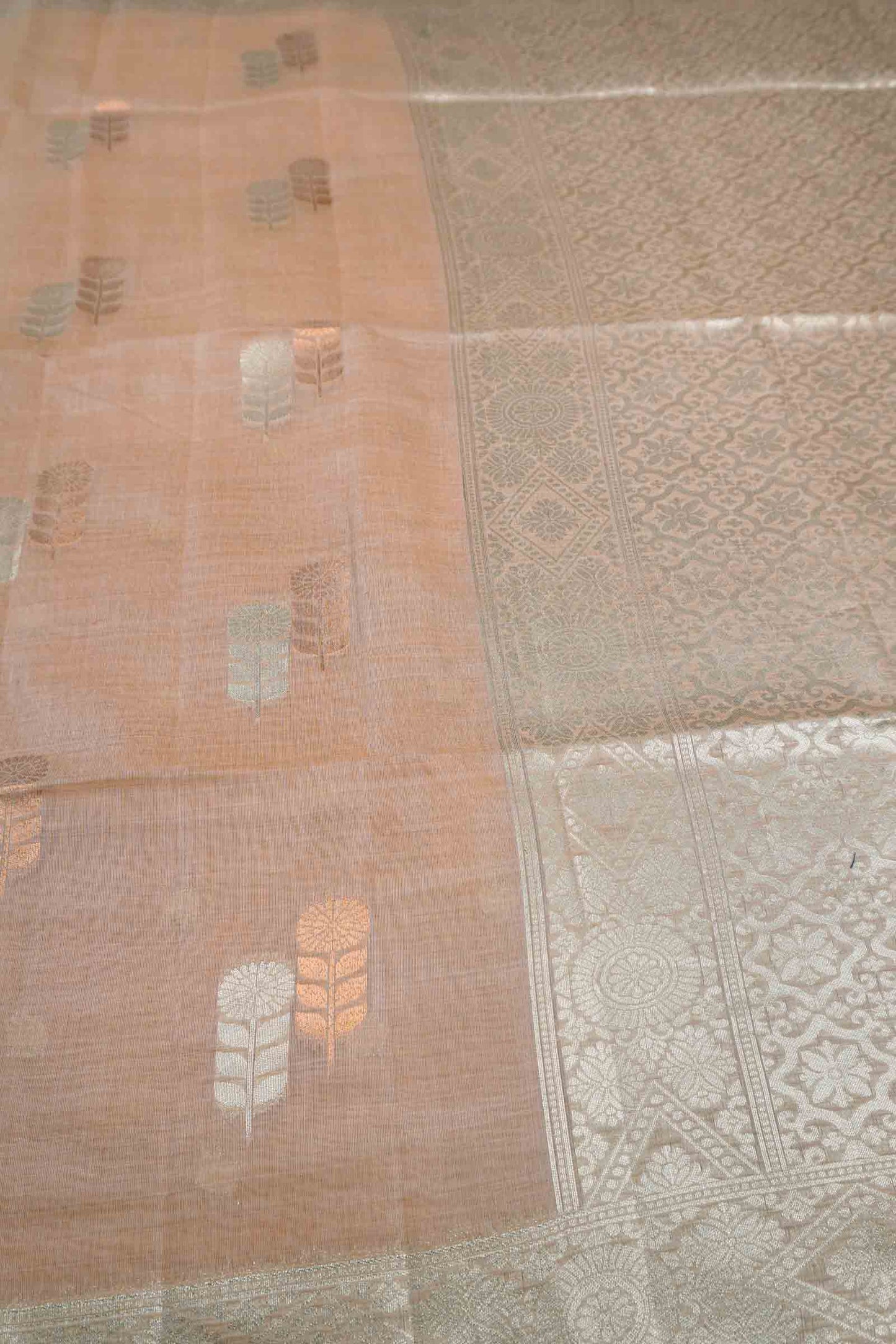 Light Pink Soft Bengal Cotton Dual Leaves Zari Border Saree