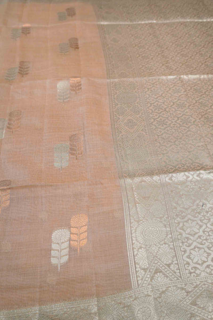 Light Pink Soft Bengal Cotton Dual Leaves Zari Border Saree