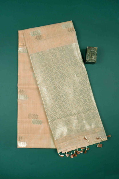 Light Pink Soft Bengal Cotton Dual Leaves Zari Border Saree