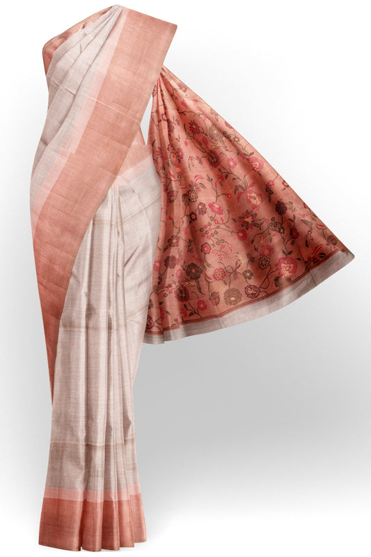 Light Sandal Soft Bengal Cotton Mini Checks Floral Pallu Saree