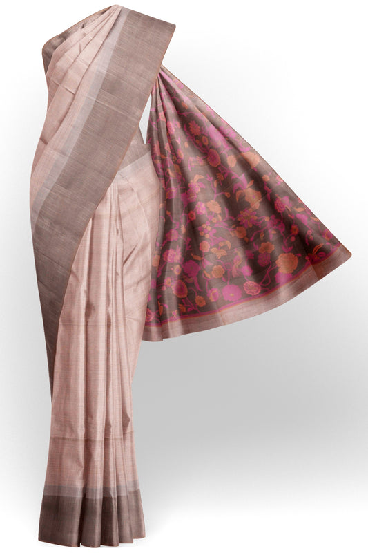 Light Sandal With Grey Soft Bengal Cotton Self Checks Saree