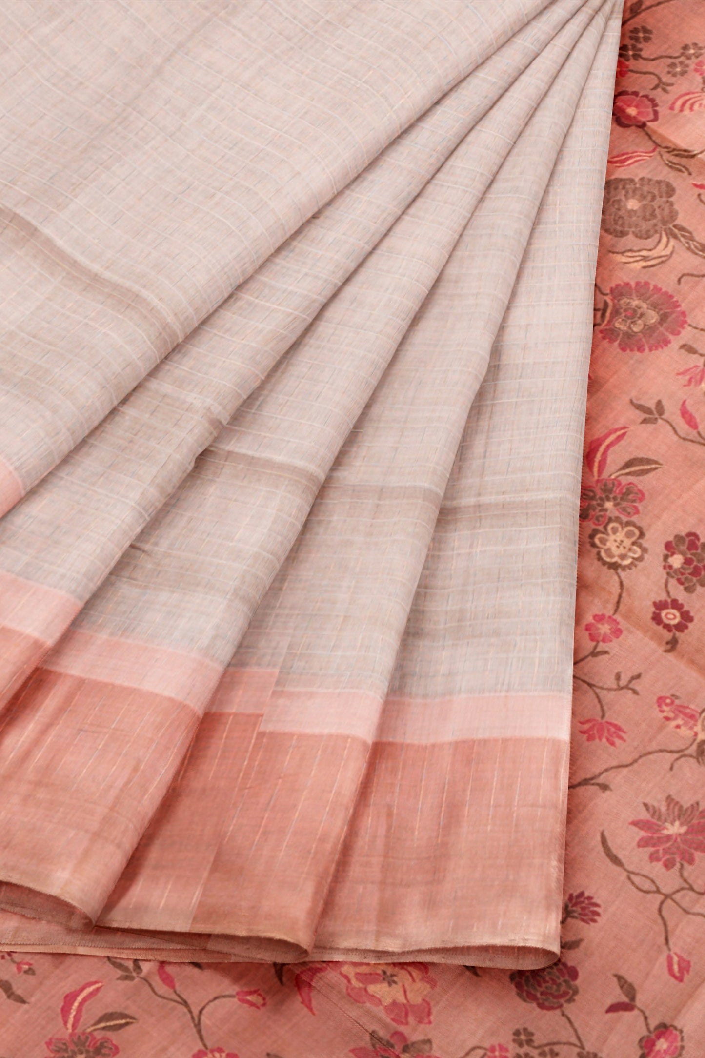 Light Sandal Soft Bengal Cotton Mini Checks Floral Pallu Saree