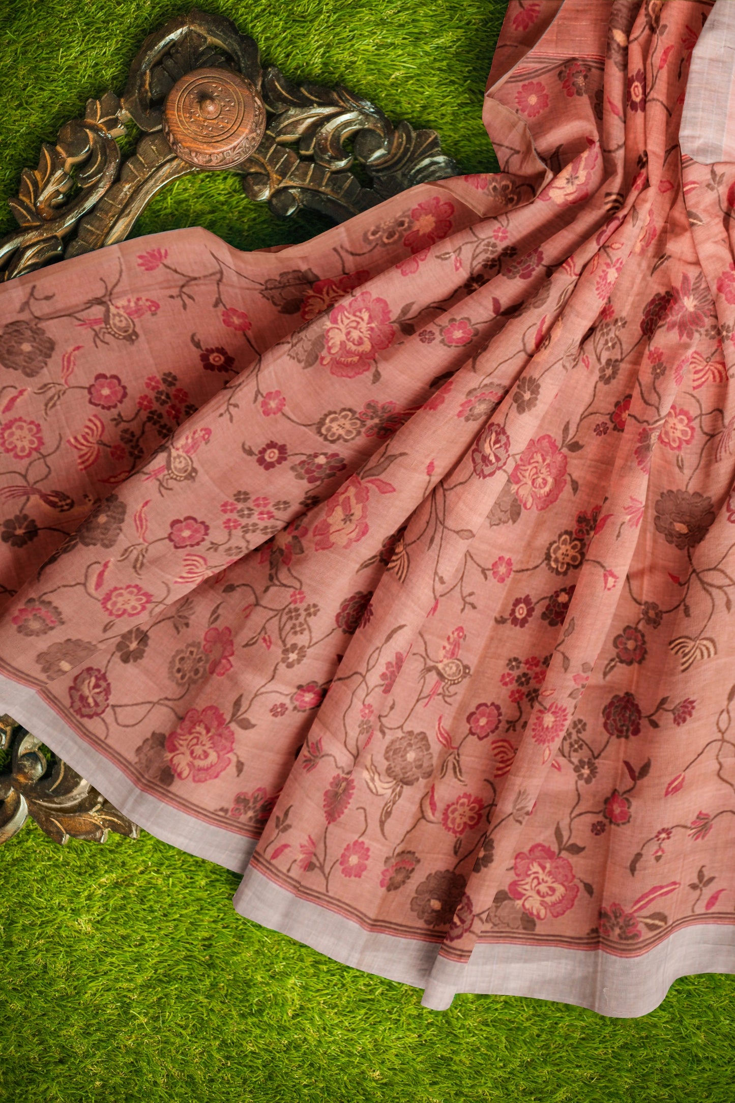 Light Sandal Soft Bengal Cotton Mini Checks Floral Pallu Saree