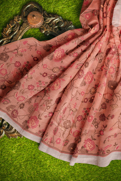 Light Sandal Soft Bengal Cotton Mini Checks Floral Pallu Saree