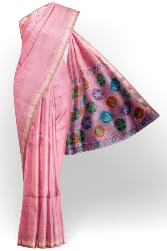 Pink Soft Bengal Cotton Zari Border Emblem Pallu Saree