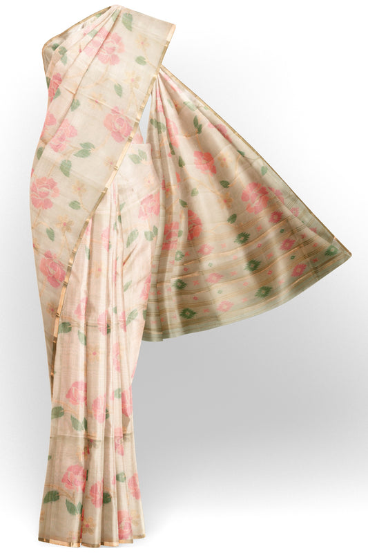 Off White Soft Bengal Pink Florals Saree