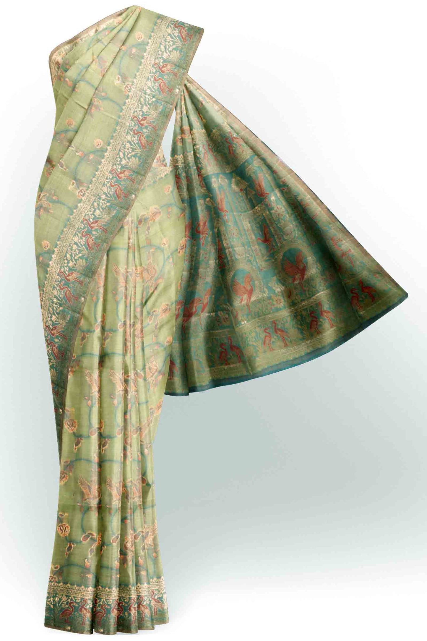 Light Green Soft Bengal Cotton Flying Cranes with Zari Border Saree