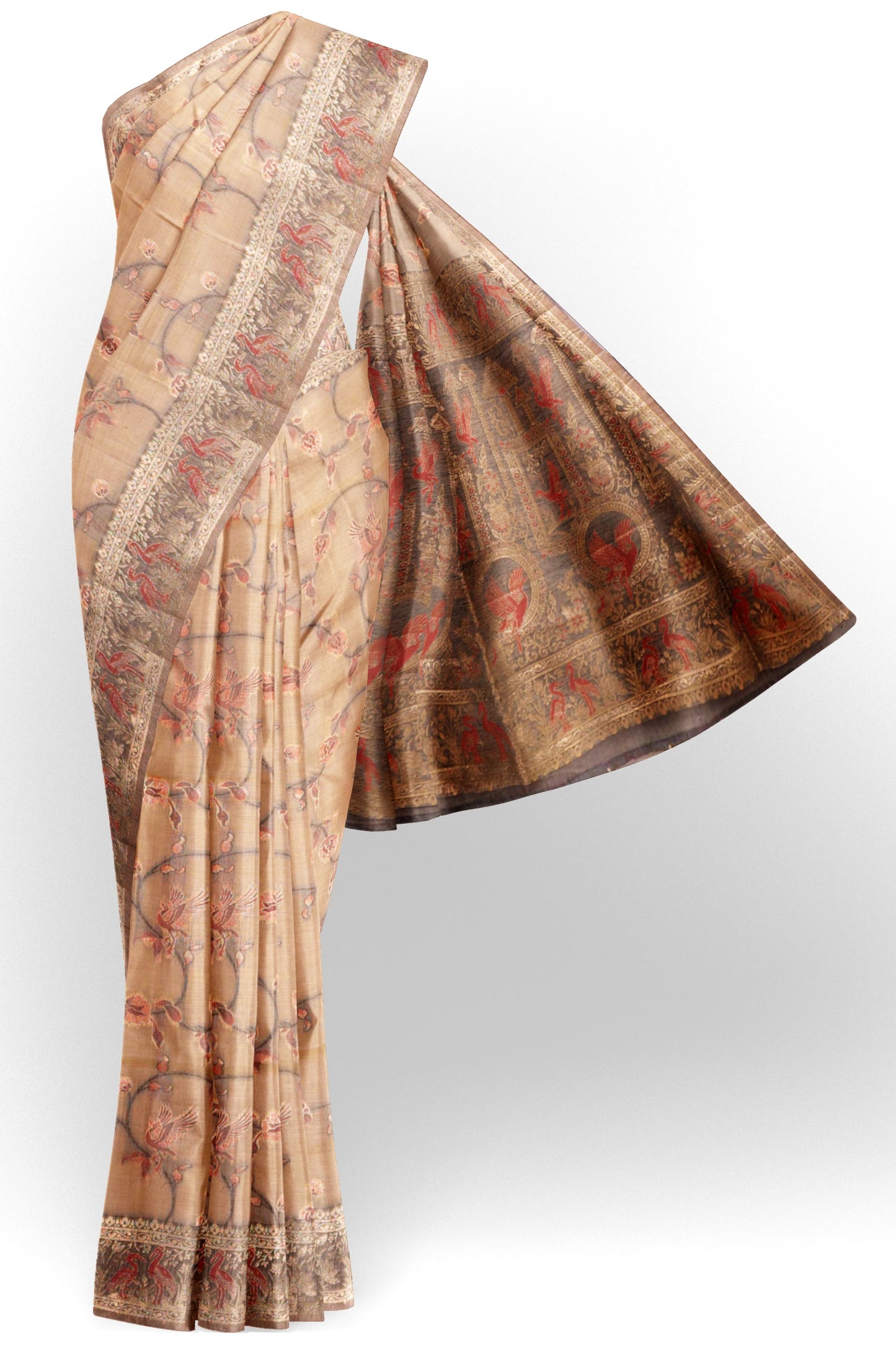 Deep Sandal Soft Bengal Cotton Fancy Flying Cranes with Zari Border Saree