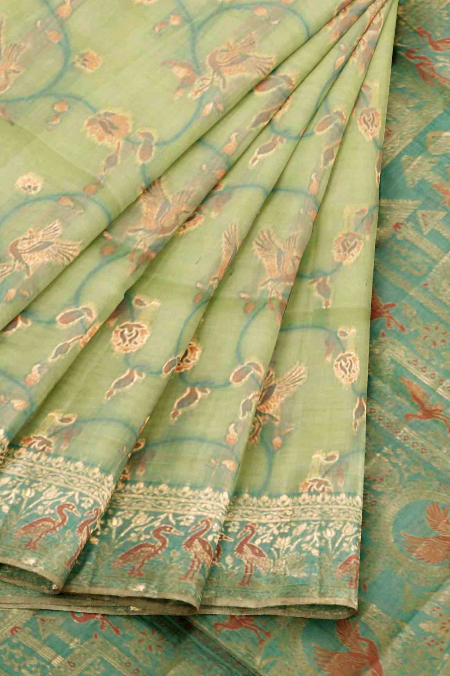 Light Green Soft Bengal Cotton Flying Cranes with Zari Border Saree