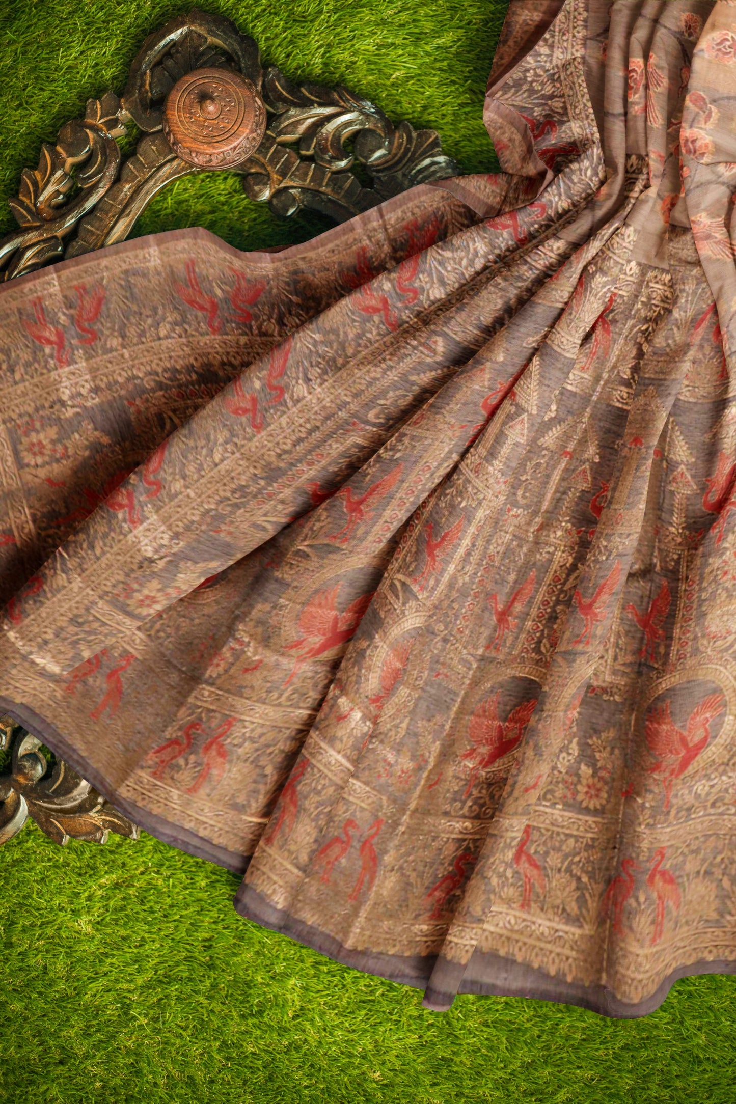 Deep Sandal Soft Bengal Cotton Fancy Flying Cranes with Zari Border Saree