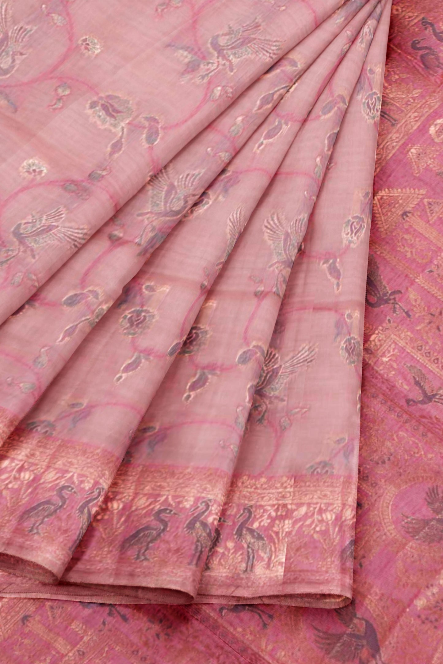 Pink Soft Bengal Cotton Golden Flight with Zari Border Saree