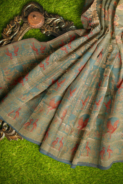 Light Green Soft Bengal Cotton Flying Cranes with Zari Border Saree