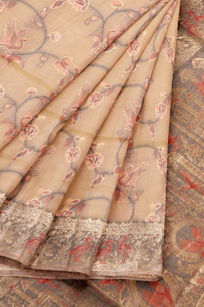 Deep Sandal Soft Bengal Cotton Fancy Flying Cranes with Zari Border Saree