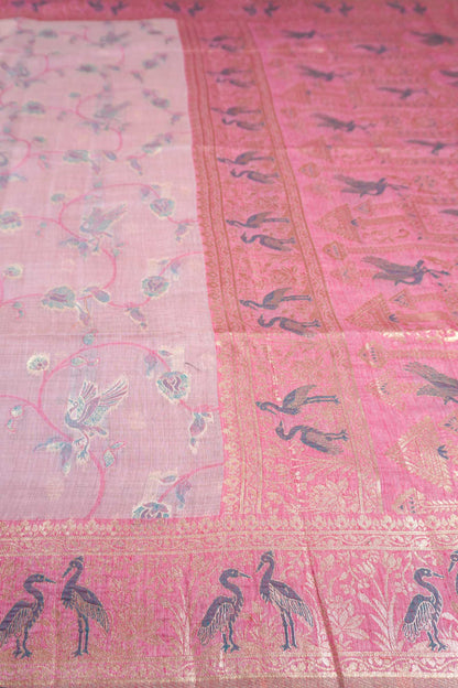 Pink Soft Bengal Cotton Golden Flight with Zari Border Saree