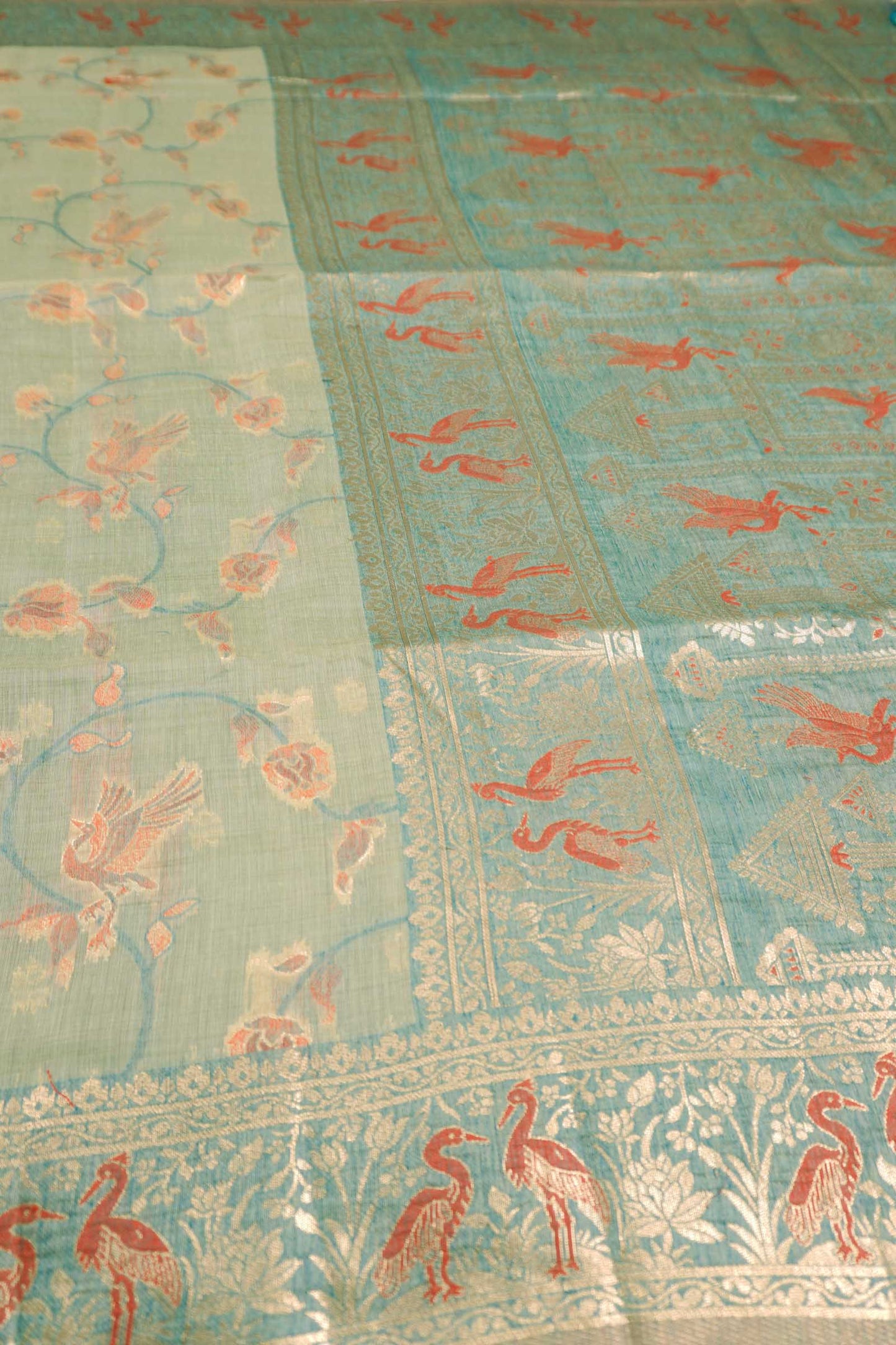 Light Green Soft Bengal Cotton Flying Cranes with Zari Border Saree