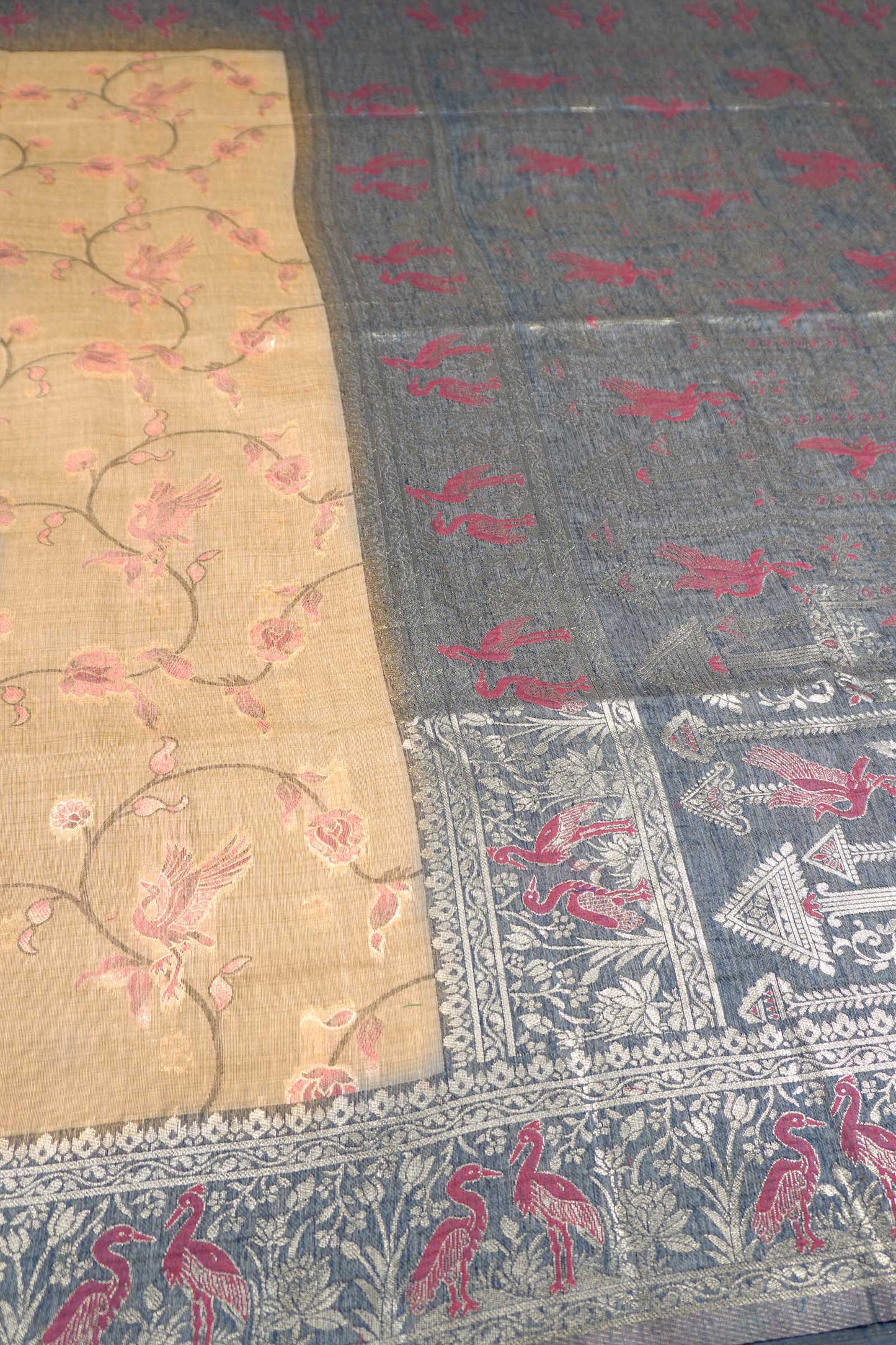 Deep Sandal Soft Bengal Cotton Fancy Flying Cranes with Zari Border Saree