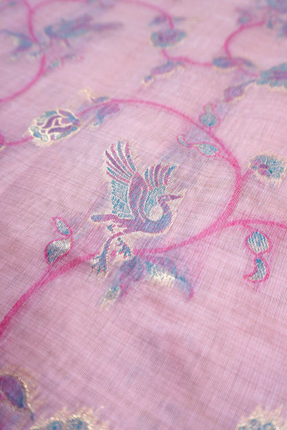 Pink Soft Bengal Cotton Golden Flight with Zari Border Saree