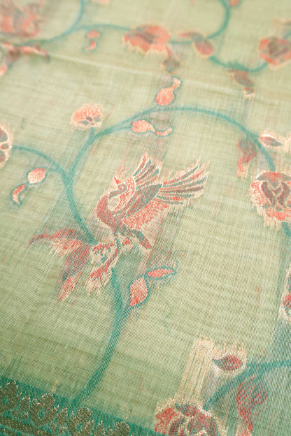 Light Green Soft Bengal Cotton Flying Cranes with Zari Border Saree