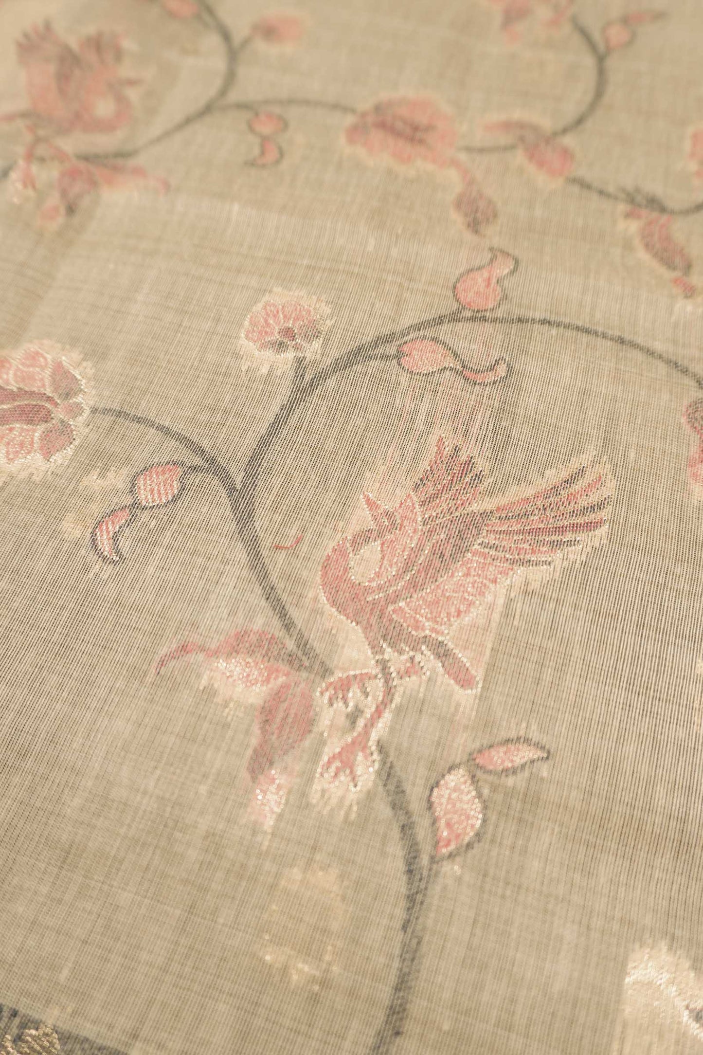 Deep Sandal Soft Bengal Cotton Fancy Flying Cranes with Zari Border Saree