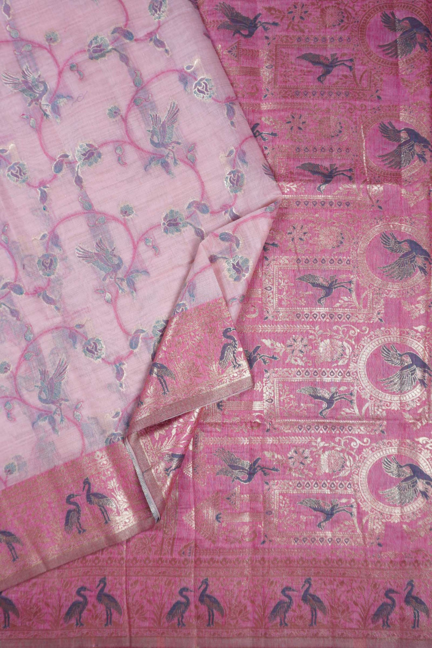 Pink Soft Bengal Cotton Golden Flight with Zari Border Saree