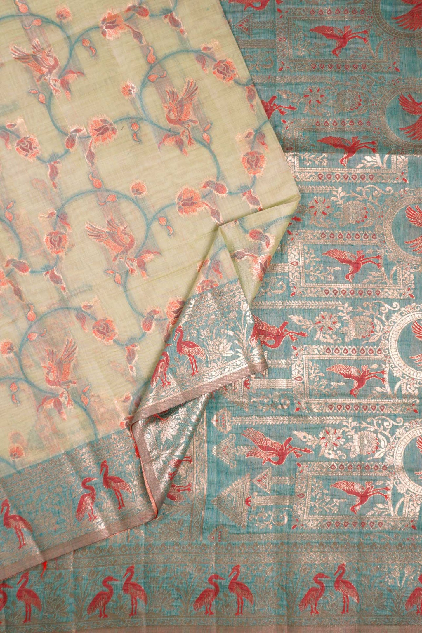 Light Green Soft Bengal Cotton Flying Cranes with Zari Border Saree