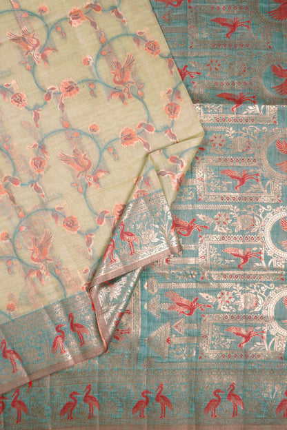 Light Green Soft Bengal Cotton Flying Cranes with Zari Border Saree