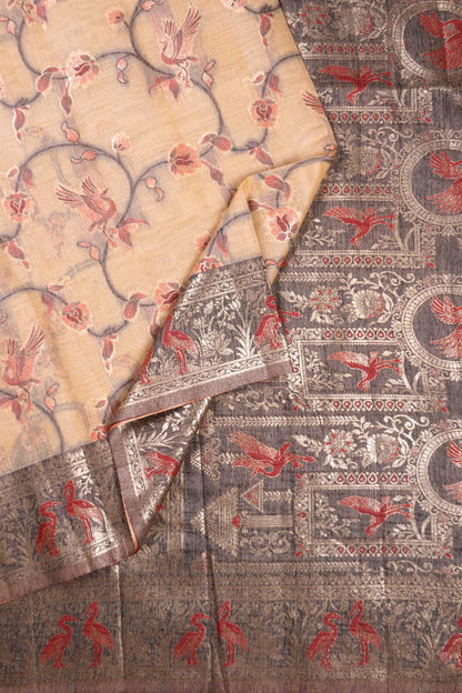 Deep Sandal Soft Bengal Cotton Fancy Flying Cranes with Zari Border Saree