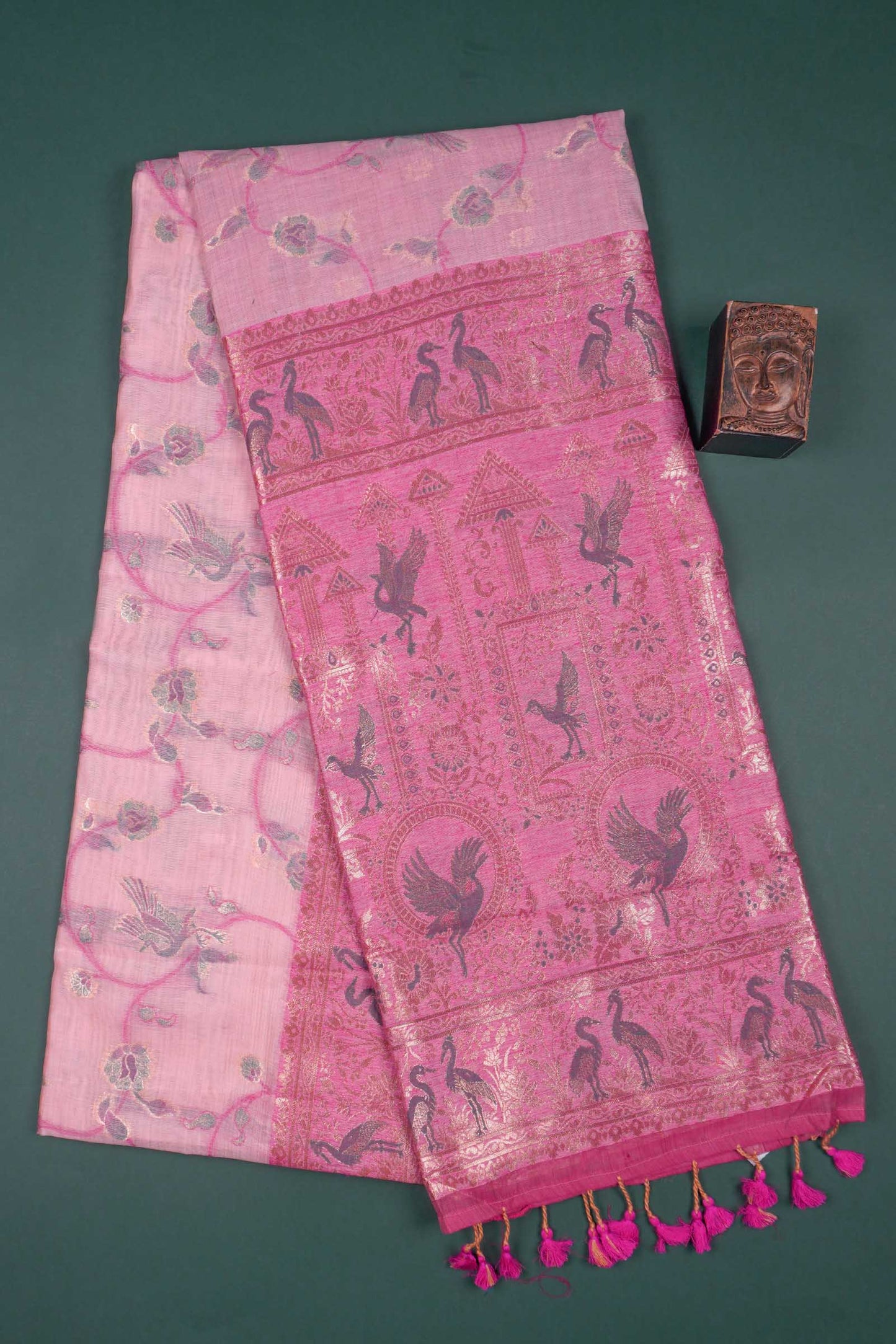 Pink Soft Bengal Cotton Golden Flight with Zari Border Saree