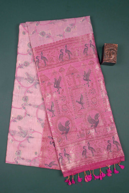 Pink Soft Bengal Cotton Golden Flight with Zari Border Saree