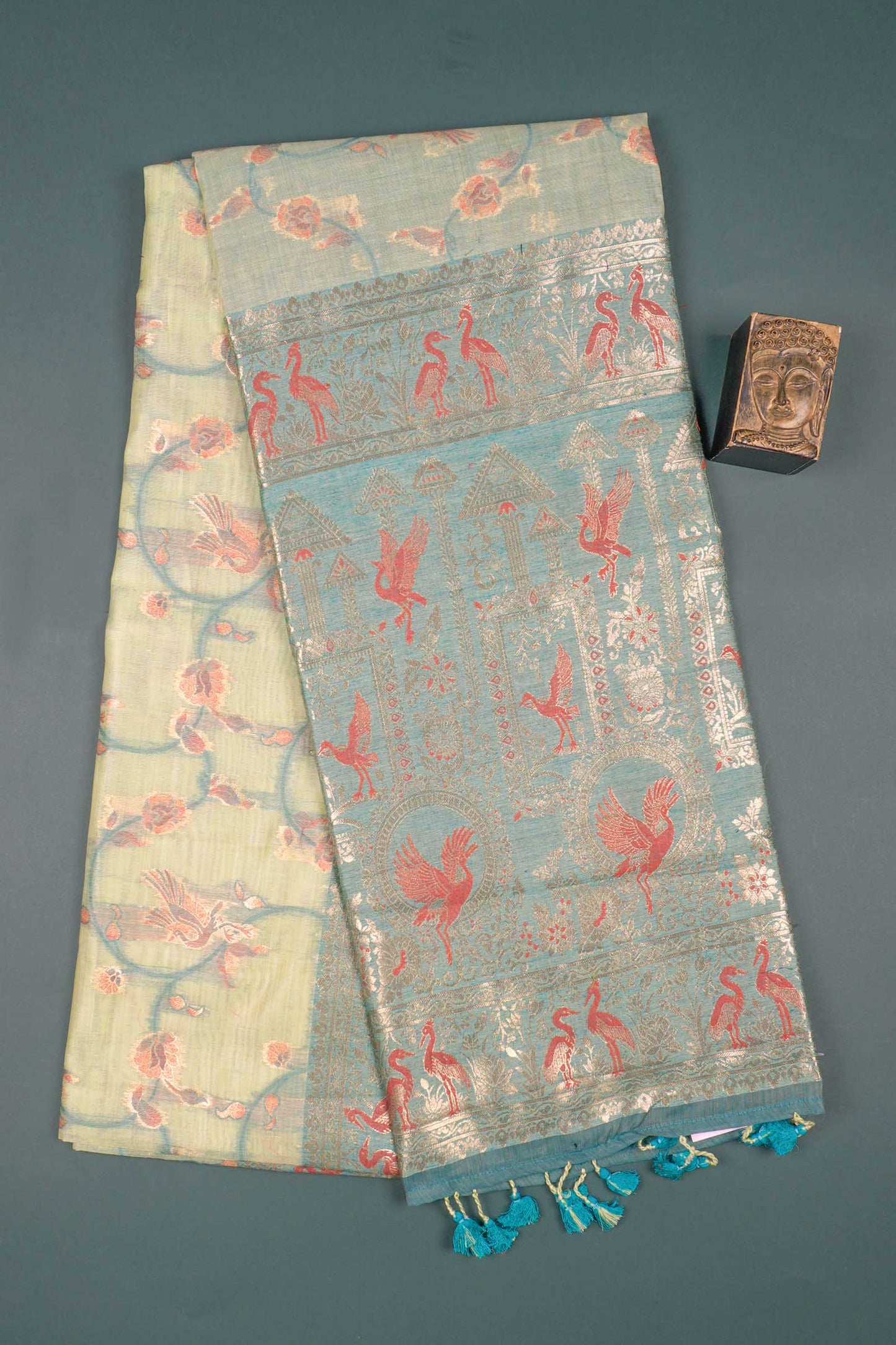 Light Green Soft Bengal Cotton Flying Cranes with Zari Border Saree