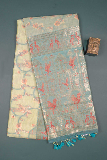 Light Green Soft Bengal Cotton Flying Cranes with Zari Border Saree