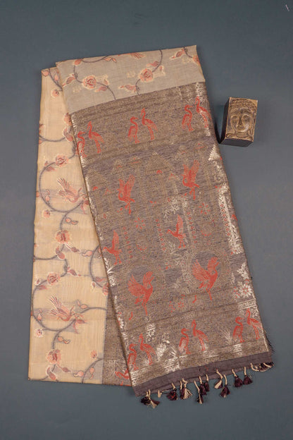 Deep Sandal Soft Bengal Cotton Fancy Flying Cranes with Zari Border Saree