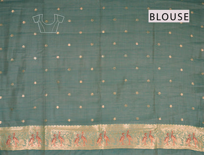 Light Green Soft Bengal Cotton Flying Cranes with Zari Border Saree