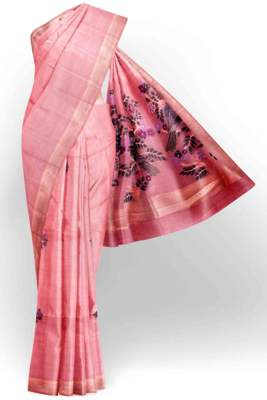 Pink Soft Bengal Cotton Bird Trails Pallu Zari Border Saree