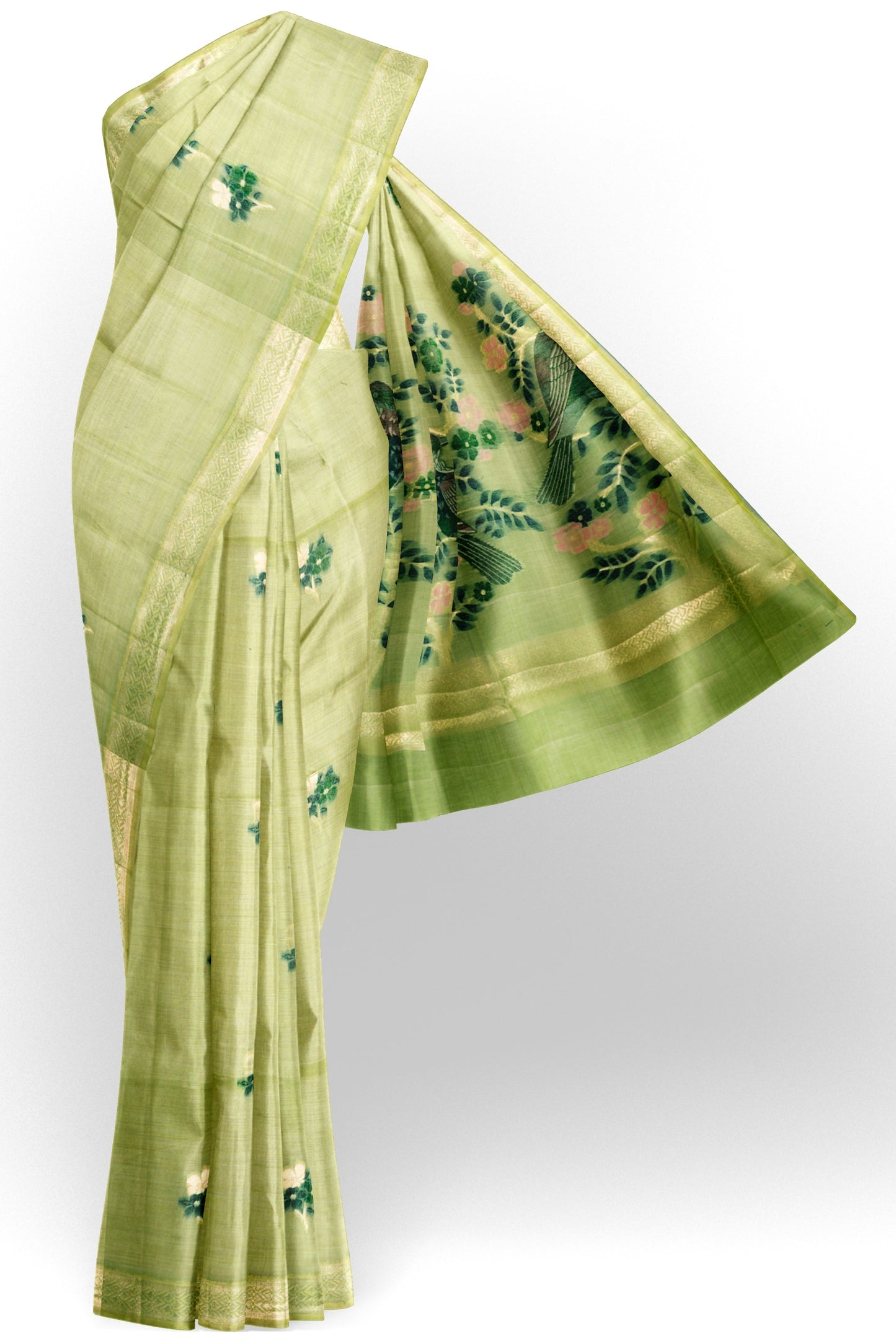 Green Soft Bengal Cotton Bird Trails Saree