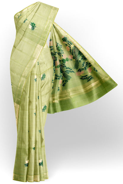 Green Soft Bengal Cotton Bird Trails Saree