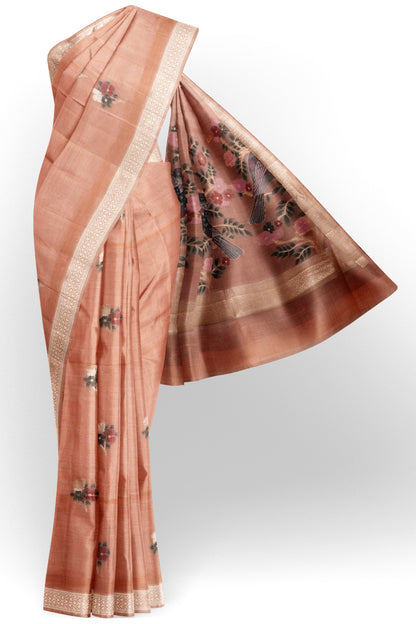Light Pink Soft Bengal Cotton Bird Trail Pallu Zari Border Saree