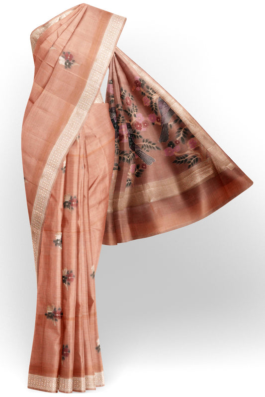 Light Pink Soft Bengal Cotton Bird Trail Pallu Zari Border Saree