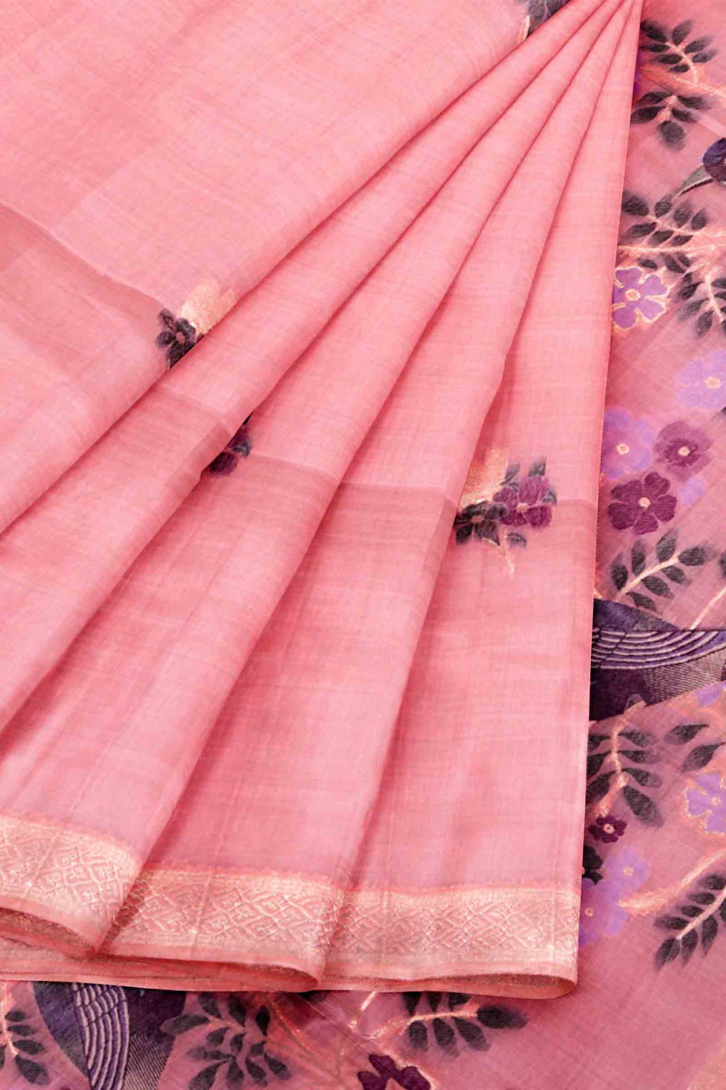 Pink Soft Bengal Cotton Bird Trails Pallu Zari Border Saree