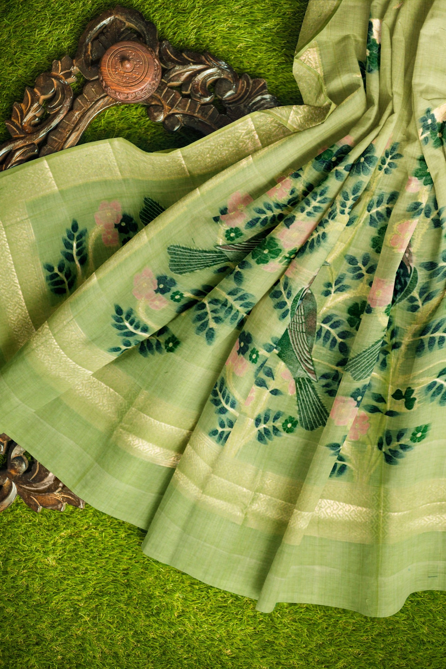 Green Soft Bengal Cotton Bird Trails Saree