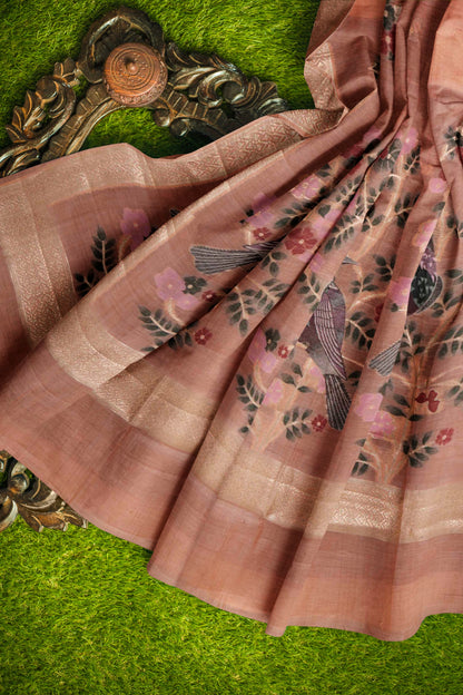 Light Pink Soft Bengal Cotton Bird Trail Pallu Zari Border Saree