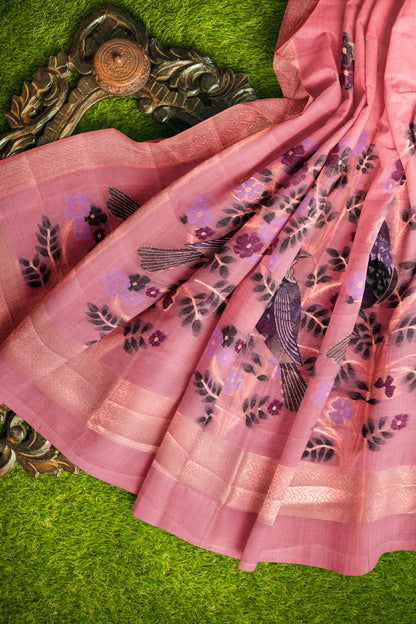 Pink Soft Bengal Cotton Bird Trails Pallu Zari Border Saree
