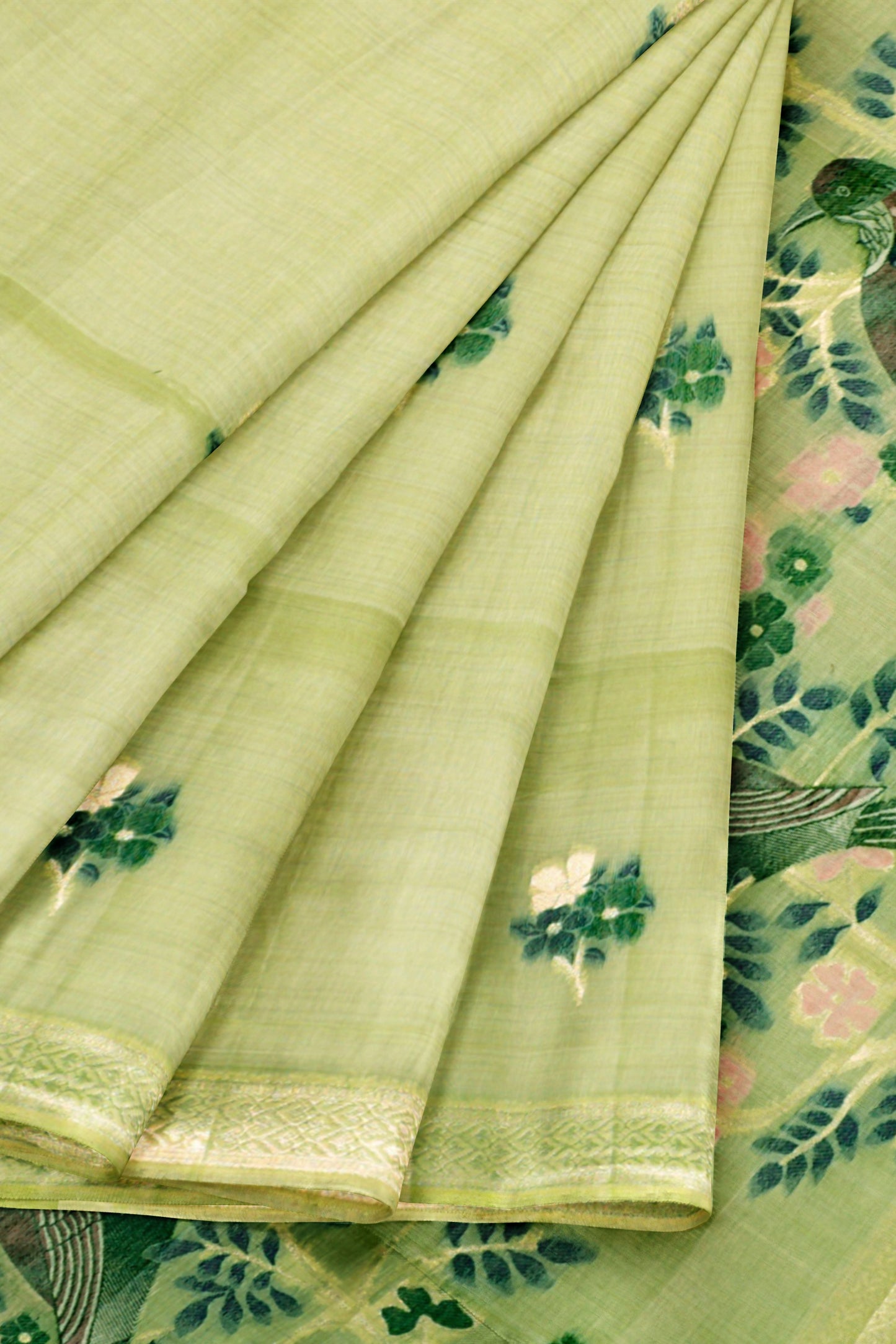 Green Soft Bengal Cotton Bird Trails Saree