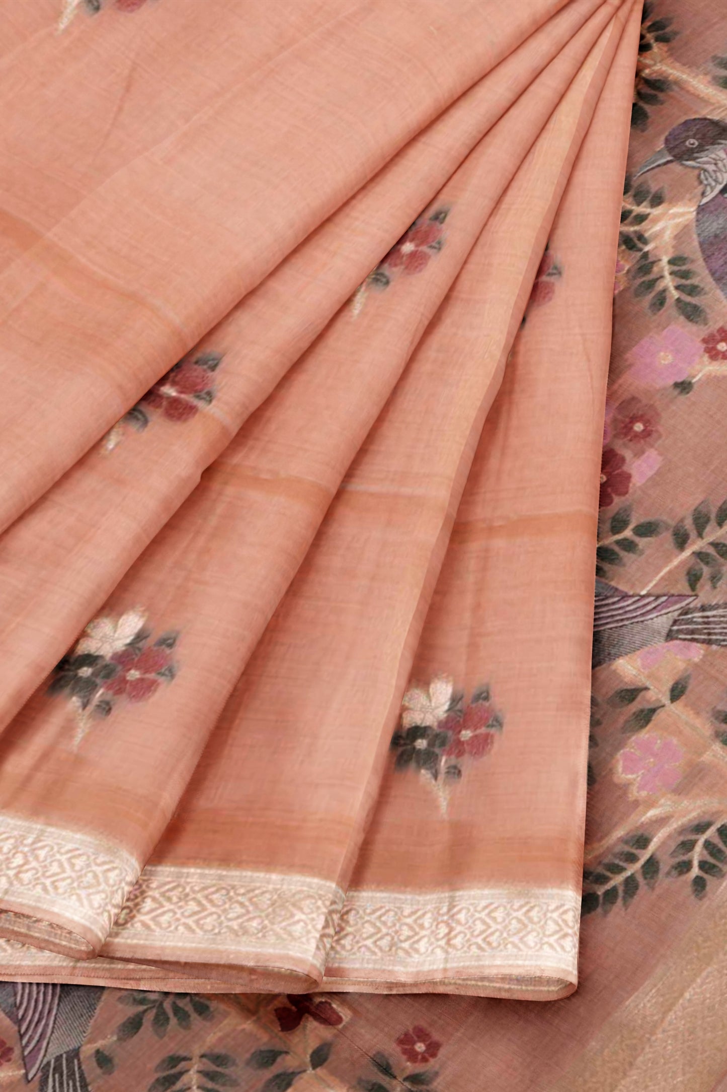 Light Pink Soft Bengal Cotton Bird Trail Pallu Zari Border Saree