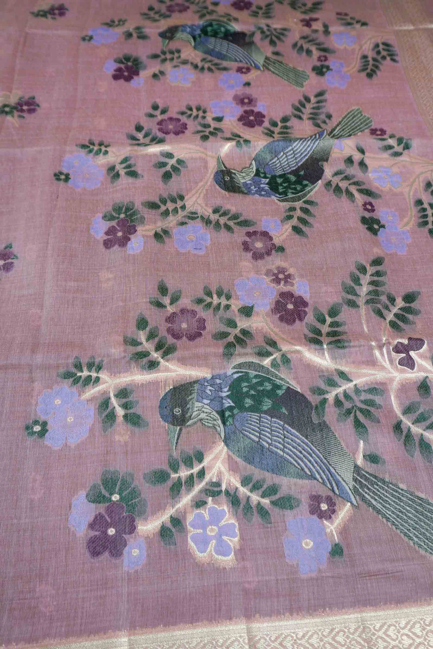 Pink Soft Bengal Cotton Bird Trails Pallu Zari Border Saree