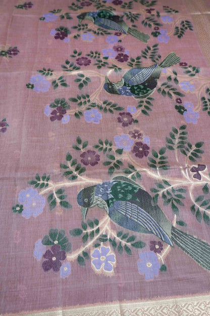 Pink Soft Bengal Cotton Bird Trails Pallu Zari Border Saree