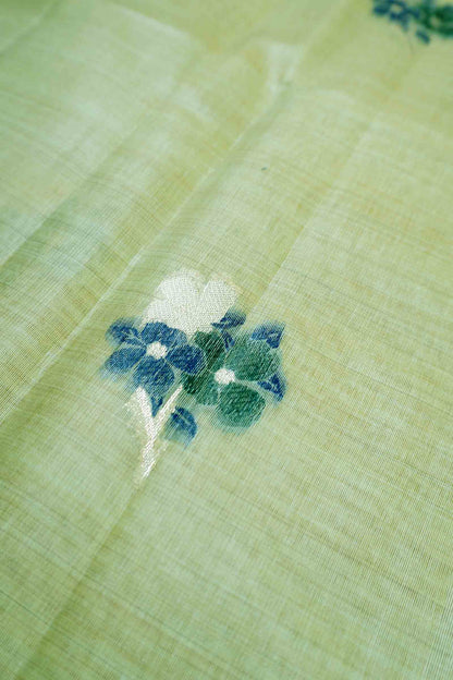 Green Soft Bengal Cotton Bird Trails Saree