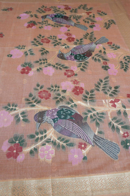 Light Pink Soft Bengal Cotton Bird Trail Pallu Zari Border Saree